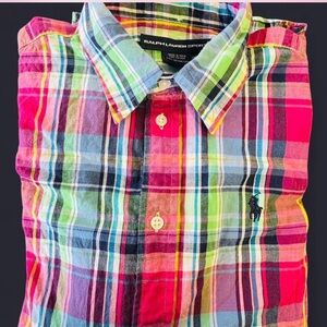 Ralph Lauren Sport Plaid Button Down Shirt Multicolor Pony Logo Cotton Size 12